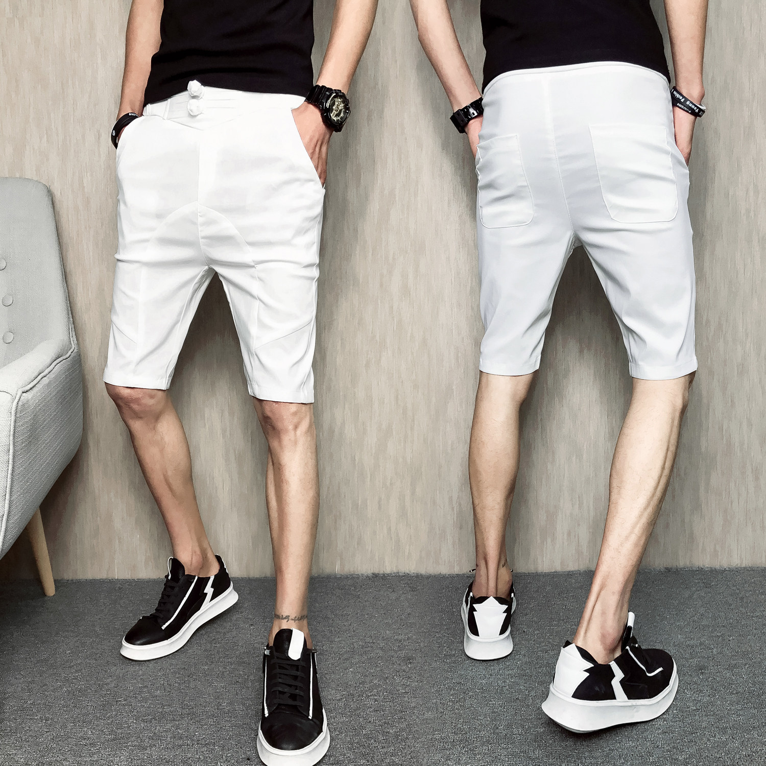 白色五分裤男休闲裤子小脚修身社会精神小伙快手红人同款k20-p35