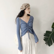 Áo chăm sóc nữ mùa thu dài tay dài retro chic gió Phiên bản Hàn Quốc của áo len cổ chữ V mới dây rút ngắn