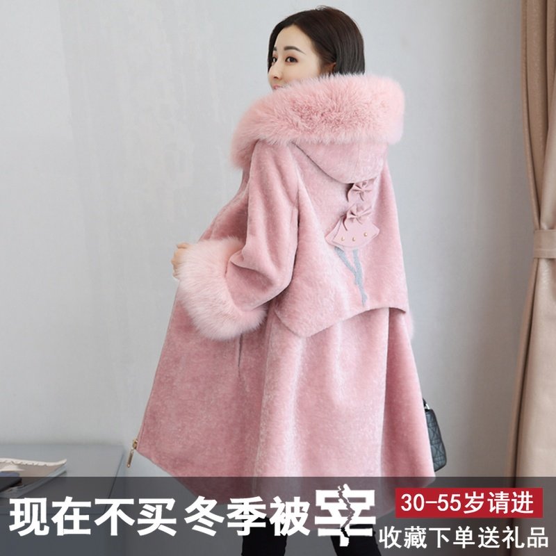 Cừu sheared coat nữ phần dài kích thước lớn 2017 mùa đông fox fur collar trùm đầu chống mùa áo khoác lông đặc biệt giải phóng mặt bằng