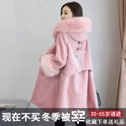 Cừu sheared coat nữ phần dài kích thước lớn 2017 mùa đông fox fur collar trùm đầu chống mùa áo khoác lông đặc biệt giải phóng mặt bằng