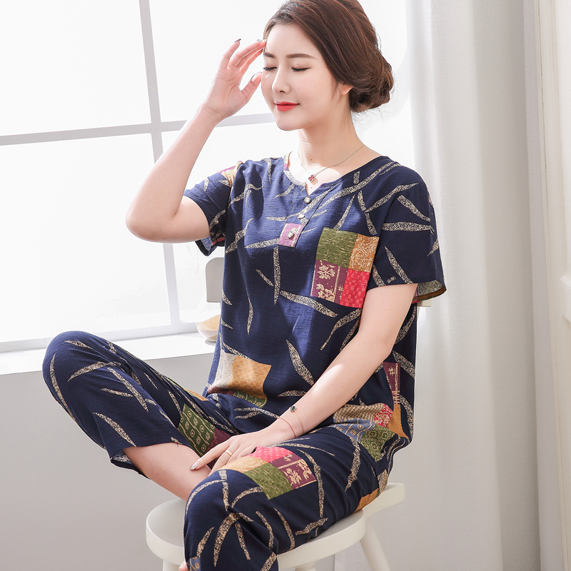 睡衣女夏人造棉绸妈妈中老年装家居服套装
