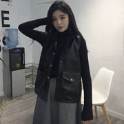 Mùa thu Hàn Quốc phiên bản của mỏng giảm béo hoang dã mỏng PU da của phụ nữ xe máy vest nhỏ đứng cổ áo không tay áo khoác sinh viên