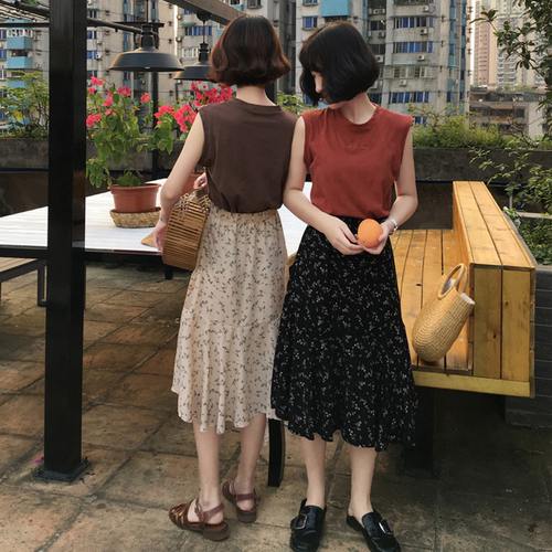Women's New Summer 2018 Korean Edition Mid-long Fragmented Half-length Skirt, High waist A-shaped Skirt and Sleeveless T-shirt vest