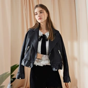 [2 miếng 20% ​​off] 2018 mùa xuân PU da của phụ nữ áo khoác ngắn Hàn Quốc phiên bản của áo khoác tai bằng gỗ hem áo khoác