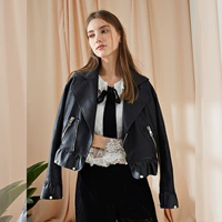 [2 miếng 20% ​​off] 2018 mùa xuân PU da của phụ nữ áo khoác ngắn Hàn Quốc phiên bản của áo khoác tai bằng gỗ hem áo khoác áo khoác da nữ