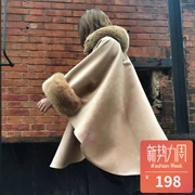 Áo khoác nữ mùa thu và mùa đông nước Anh rộng kích thước lông cổ áo hai mặt dài phần len áo choàng loại A