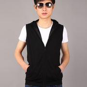 Mùa xuân và mùa thu người đàn ông Hàn Quốc thường vest mỏng vest đội mũ trùm đầu vest chàng trai màu đen dệt kim không tay hoodies