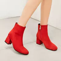 Thu đông 2018 mới đơn giản da lộn bốt lớn màu đỏ boot vuông đầu dây bên dày giày boot nữ cổ cao Hàn Quốc