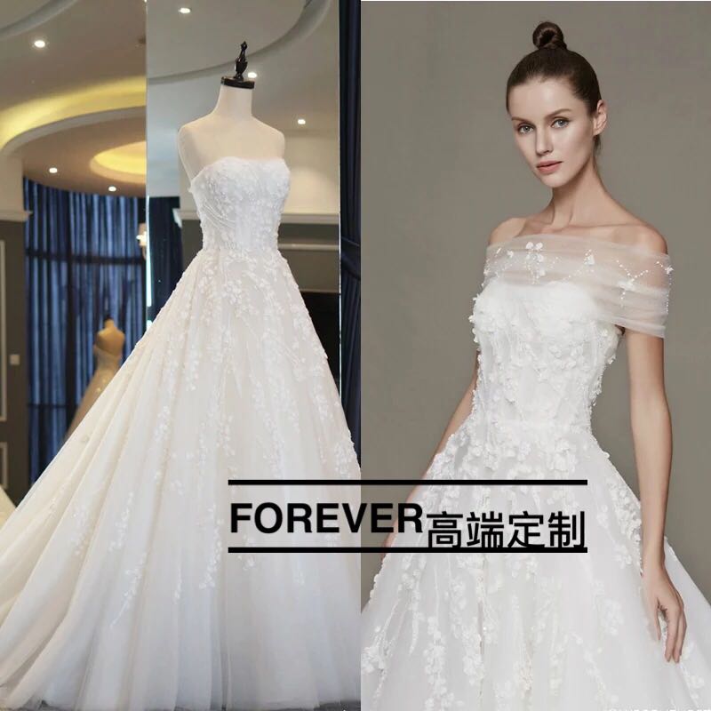 The new Korean -style shoulder lace flower handmade beaded beaded big tail puff wedding high -end customized fantasy princess