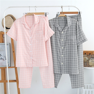 Nhật bản bông kẻ sọc couple đồ ngủ nam giới và phụ nữ mùa hè phần mỏng đôi gạc ngắn tay cardigan Hàn Quốc phục vụ nhà phù hợp với