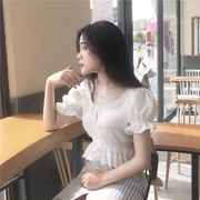 2018 new Hồng Kông hương vị chic retro ren hoang dã eo áo Slim ngắn tay siêu cổ tích voan áo sơ mi nữ mùa hè