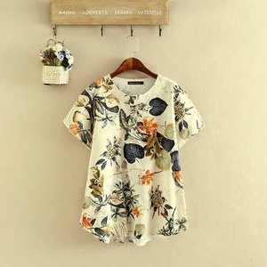Mùa hè phụ nữ trung niên chất béo mẹ ăn mặc cộng với chất béo kích thước lớn bông lỏng ngắn tay t-shirt linen ngắn top