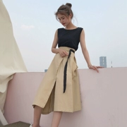 Thời trang Hàn Quốc thường phù hợp với mùa hè ngắn tay T-Shirt top + retro một mảnh váy váy dài hai mảnh nữ