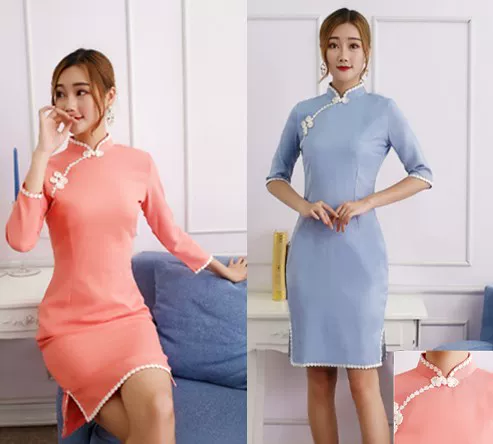 Shiffon short solid cheongsam, 2018, plus size