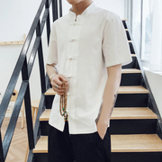 Trung quốc phong cách đàn ông của mùa hè Trung Quốc linen linen dress kích thước lớn bông và vải lanh ngắn tay áo sơ mi nam của đĩa khóa quốc gia retro quần áo