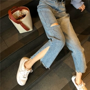 Mùa hè Hàn Quốc phiên bản của quần chia thẳng lỗ thẳng 乞丐 chín quần eo cao là mỏng chân rộng quần jean giản dị nữ