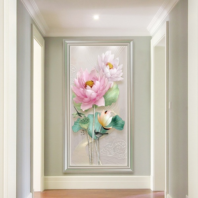 简约玄关装饰画过道走廊挂画现代客厅室内背景墙壁画竖版荷花鲤鱼