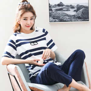 睡衣女夏纯棉短袖长裤家居服套装