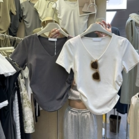 Летняя летняя одежда, корсет, футболка с коротким рукавом, в корейском стиле, V-образный вырез, по фигуре