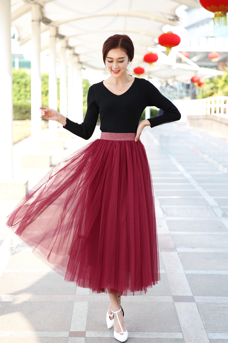 Women 4 Layer Elastic Waist Gauze Tulle Bouffant Dress Ball Gown Maxi