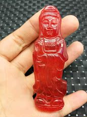 Украшения на шею 精品玉器清代稀有红翡翠老翡翠玉站观音手托宝瓶玉观音挂件项链坠