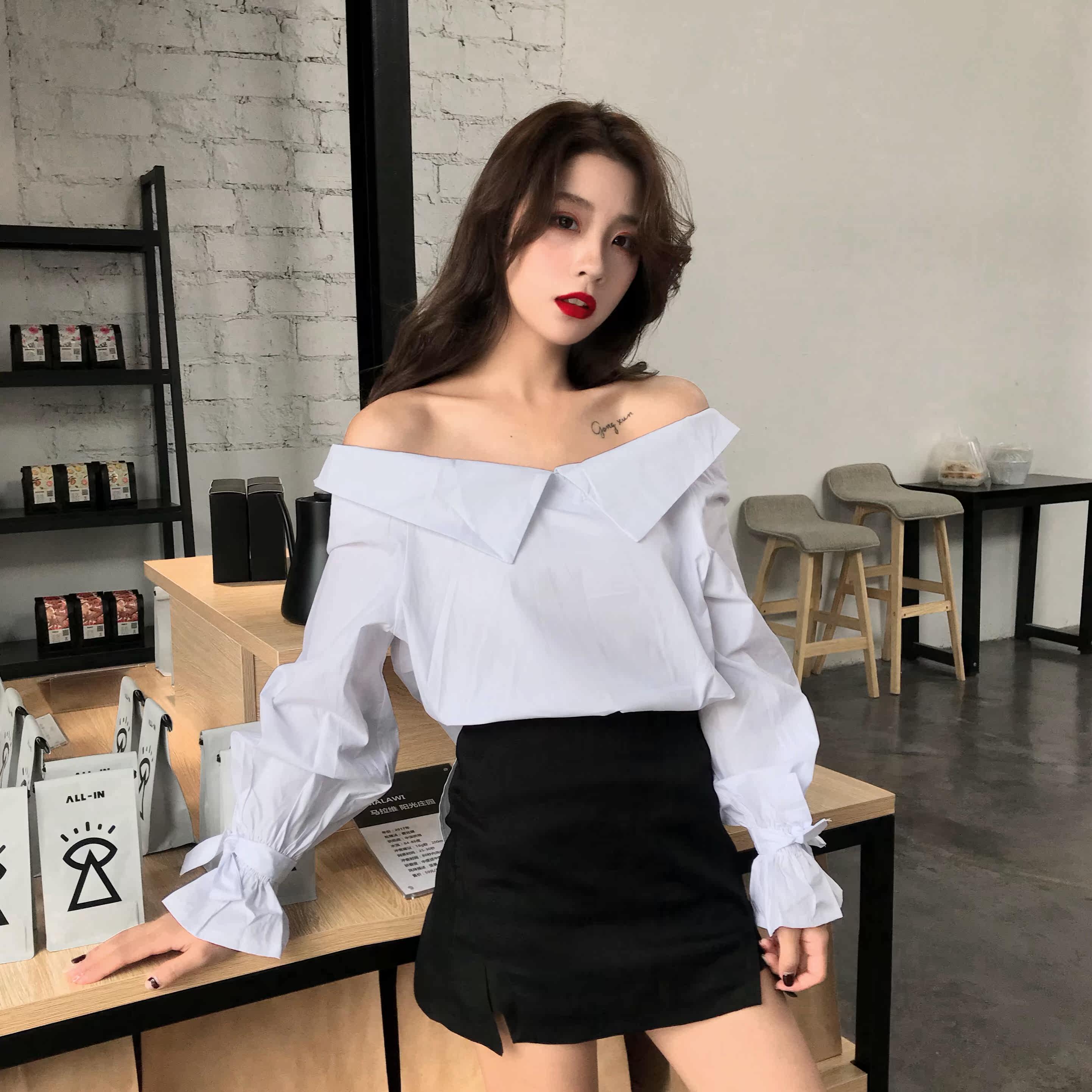 实拍实价~一字领露肩上衣衬衫长袖前后两穿复古港味衬衣韩版港风