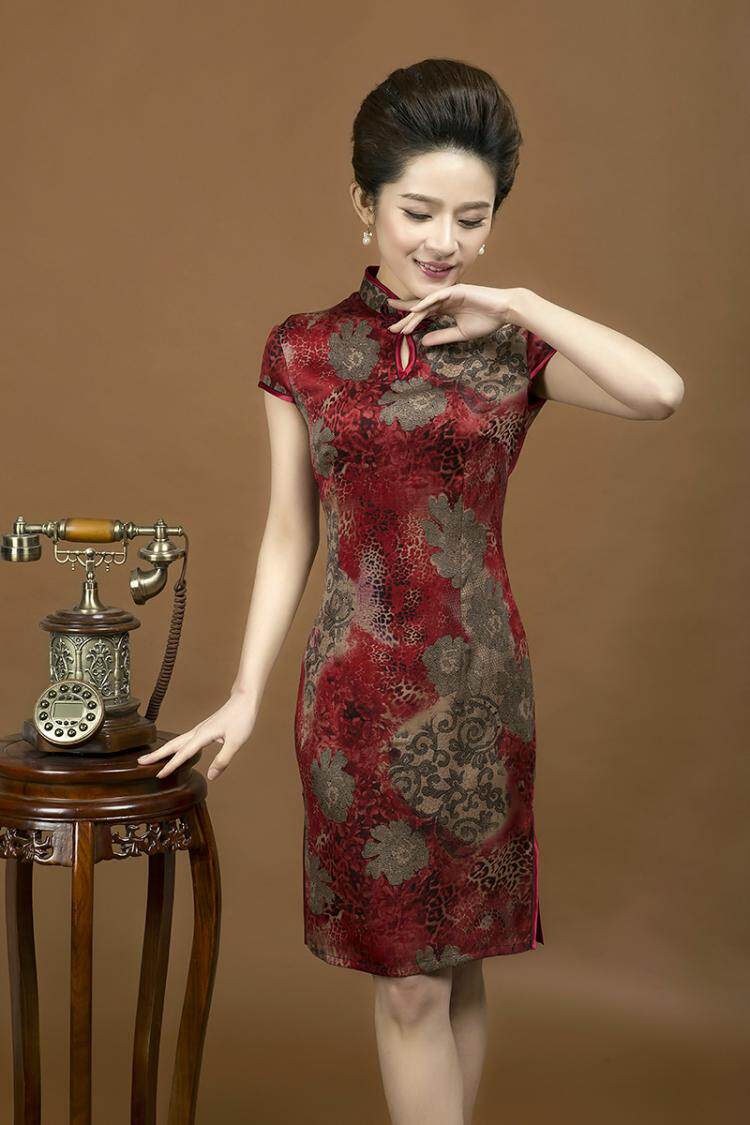 女士唐装旗袍纯真丝香云纱莨绸缎面连衣裙短款短袖旗袍妈妈装女装