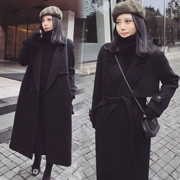 Áo khoác len nữ màu đen dài phần phiên bản Hàn Quốc 2018 mới thu đông và eo mùa đông đã mỏng qua dây đeo đầu gối áo khoác len