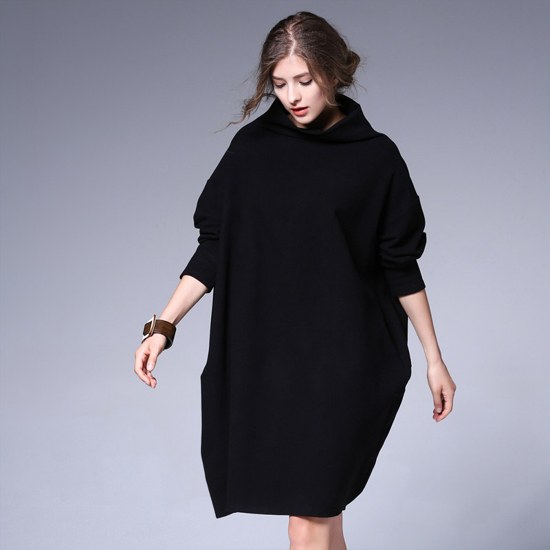 咫尺2017秋装新款长袖高领宽松连衣裙女装大码o型灯笼裙中长裙子