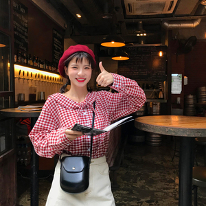 Rabbitstyle tự chế Hàn Quốc tính khí hoang dã retro kẻ sọc dây đeo nơ cổ áo dài tay áo sơ mi nữ