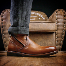 Челси сапоги 气定神闲 欧美复古手工做旧真皮圆头高帮皮鞋厚底英伦切尔西靴男