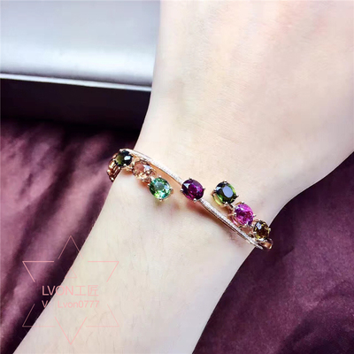 天然彩碧玺手镯女18k金镶嵌红碧玺蓝碧玺手链绿碧玺红宝石彩宝