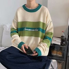 圓領毛衣男秋冬潮牌ins網紅帥氣學生針織衫韓版潮流寬鬆拼接上衣