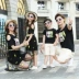 Gia đình bãi biển gia đình cha mẹ-con gạc đầm đen một bộ đồ 4 mảnh Hàn Quốc quần short ngắn tay - Trang phục dành cho cha mẹ và con đồng phục gia đình cao cấp Trang phục dành cho cha mẹ và con