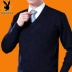 Thương hiệu áo len nam V-Cổ trung niên màu rắn cashmere áo len cha mặc trung niên áo len mùa thu và mùa đông mô hình dày