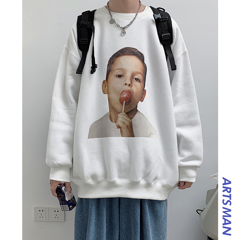 Ins trendy portrait print trendy brand simple black round neck Pullover Sweater no hat autumn and winter