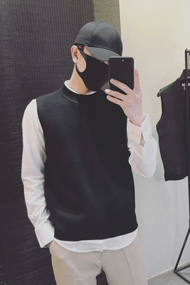 17 mùa thu mới của Hàn Quốc màu rắn vest vest nam nửa cao cổ áo đan áo len thanh niên không tay áo len vest áo len kiểu hàn quốc Dệt kim Vest