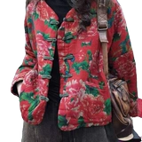 Оригинальный этнический демисезонный ретро пуховик, короткая стеганая куртка, этнический стиль, свободный крой, из хлопка и льна