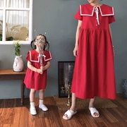 Babywe Korea mua cho bé gái váy hải quân cha mẹ con 2019 mới mẹ và phụ nữ tuổi hoang dã váy - Váy