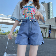 Джинсы женские 高腰牛仔短裤女夏季薄款小个子宽松外穿显瘦百搭开叉a字阔腿热裤