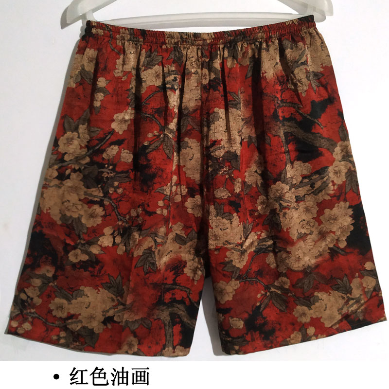 Red Oil Paintingreal silk shorts male summer Thin Pyjamas female Home Furnishing Half pants easy mulberry silk flower Beach pants Big size Large underpants