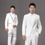Thời trang nam Hàn Quốc Bộ đồ trắng Anh Slim Nhiếp ảnh Nam Màu đơn sắc Nút đơn Bộ đồ nhỏ quần kaki