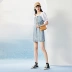 Peacebird cổ vuông may váy denim nữ 2020 mùa xuân và mùa hè mới tay áo ngắn tay phồng eo váy chữ A - A-Line Váy