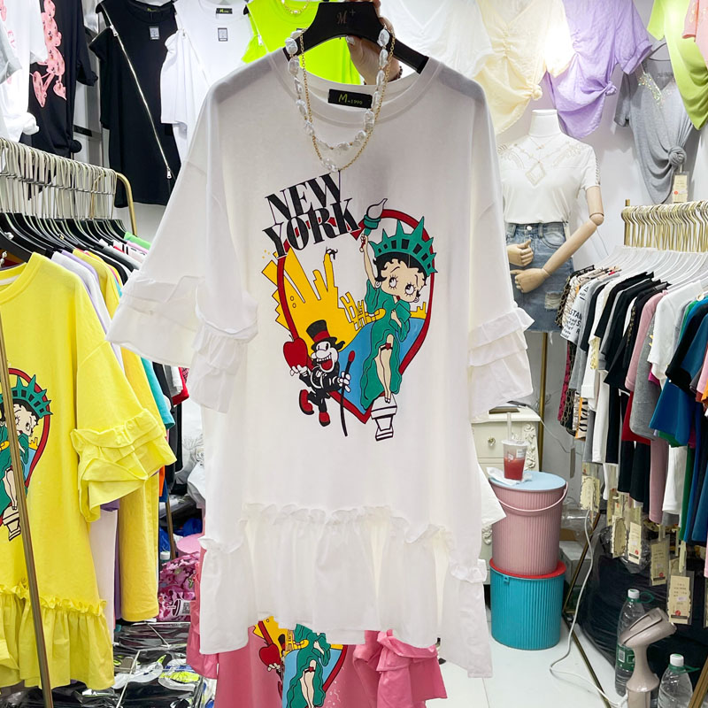 White [Physical Wholesale]European station 2021 summer new pattern Cartoon printing Splicing Medium and long term Short sleeve T-shirt Dress jacket female ins tide