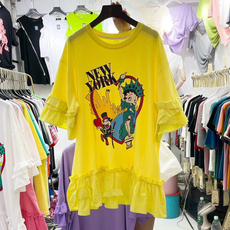 Yellow [Entity Wholesale]European station 2021 summer new pattern Cartoon printing Splicing Medium and long term Short sleeve T-shirt Dress jacket female ins tide