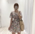 TOMATO SHOP Miễn phí Đăng ~ Hàn Quốc Hoa hậu Chị Phong cách ~ Vintage Floral Print Short Sleeve Dress váy trắng nhún eo	 Váy eo cao