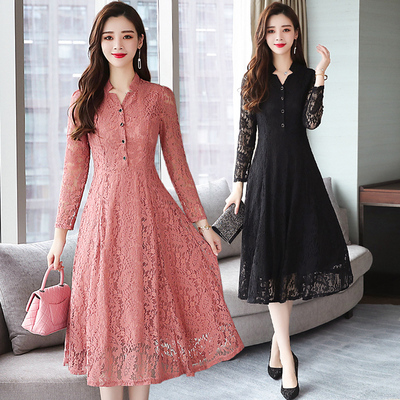 初秋蕾丝连衣裙女装长袖春秋新款收腰显瘦修身中长裙高端气质