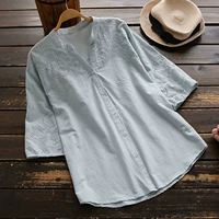 Летняя рубашка, топ, большой размер, с вышивкой, V-образный вырез, свободный крой