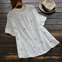 Летняя свежая рубашка, большой размер, свободный крой, в цветочек, с вышивкой, короткий рукав