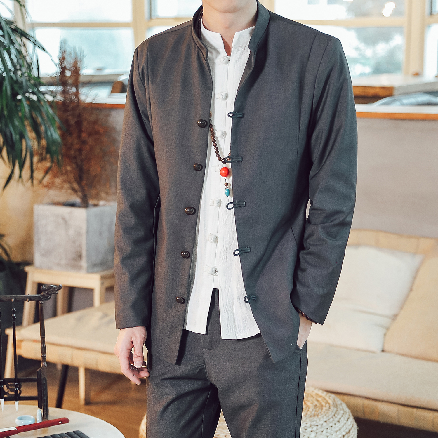 w202 *2019男士中山装两件套复古中国风西装套装 纯色 灰 * p120